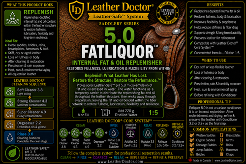 Saddlery Fatliquor 5.0 by Leather Doctor® is a professional Leather-Safe™ pH 5.0 Internal Fat & Oil Replenisher formulated to restore the depleted internal fat and oil content within saddles, bridles, reins, breast collars, stirrup leathers, fenders, harnesses, and other equestrian leather.