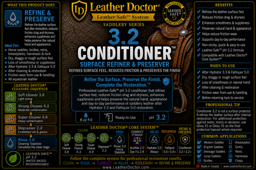 Saddlery Conditioner 3.2 by Leather Doctor® is a professional Leather-Safe™ pH 3.2 surface refiner and preserver formulated to improve surface feel, reduce friction drag, and preserve the natural hand, appearance, and day-to-day performance of saddlery leather after restoration.