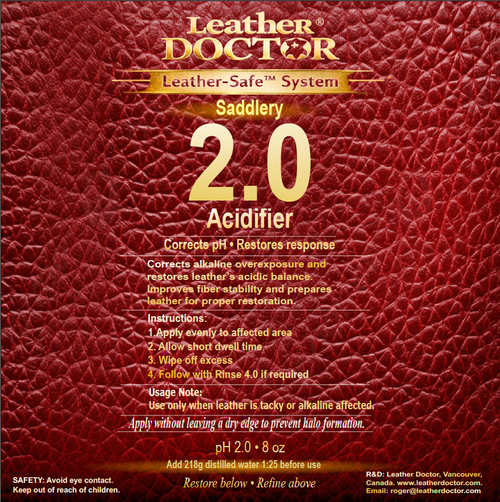 Acidifier 2.0 by Leather Doctor is a pH 2.0 acidifier for correcting alkaline overexposure in leather, restoring proper fiber response and preparing the leather for rebalancing and restoration.