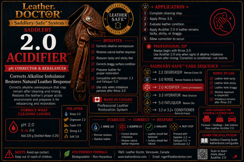 Saddlery Acidifier 2.0 by Leather Doctor® is a Leather-Safe™ pH 2.0 corrective treatment designed to restore the proper acidic environment after alkaline overexposure. By correcting pH imbalance, Acidifier 2.0 restores natural leather response and prepares the leather for successful restoration.