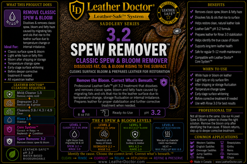 Saddlery Spew Remover 3.2 (Spew 3.2) by Leather Doctor® is a professional Leather-Safe™ pH 3.2 specialty treatment designed to dissolve and remove classic surface spew, bloom, and fatty haze from saddles, tack, and equestrian leather while preparing the leather for proper stabilization and further corrective treatment where required.