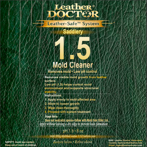 Mold Cleaner 1.5 by Leather Doctor® is a pH 1.5 Leather-Safe™ specialty cleaner to remove mold growth from leather surfaces safely while preparing leather for proper disinfection and restoration.