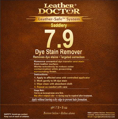 Saddlery Dye Transfer Stain Remover 7.9 (Dye 7.9) is a professional Leather-Safe™ high-viscosity stain remover formulated to eliminate dye transfer and rub-off stains from leather saddles without excessive rubbing or finish damage.
