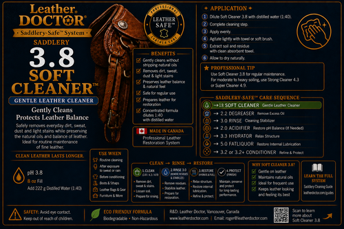 Saddlery Soft Cleaner 3.8 by Leather Doctor® is a Leather-Safe™ gentle cleaner formulated to remove everyday soil while maintaining the leather's natural balance.