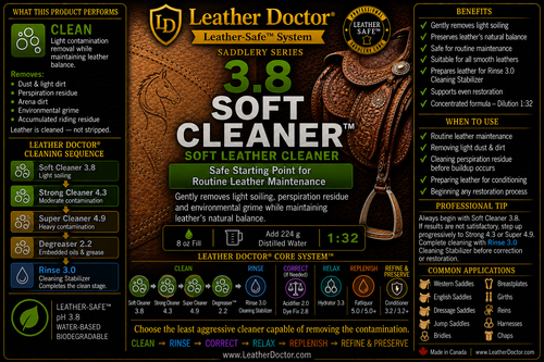 Saddlery Soft Cleaner 3.8 by Leather Doctor® is a Leather-Safe™, pH 3.8 soft leather cleaner formulated to gently remove light contamination while maintaining leather's natural balance.