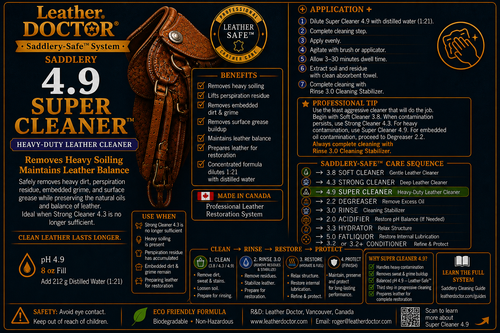 Saddlery Super Cleaner 4.9 by Leather Doctor® is a Leather-Safe™ pH 4.9 super cleaner formulated to remove heavy soiling while maintaining the leather's natural balance.