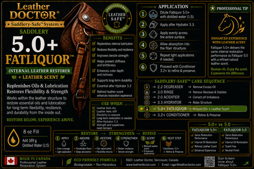 Saddlery Fatliquor 5.0+ by Leather Doctor® delivers the same professional internal restoration performance as Fatliquor 5.0 while enhancing the experience with a refined leather scent.