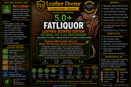 Saddlery Fatliquor 5.0+ by Leather Doctor® is a professional Leather-Safe™ pH 5.0 Leather-Scented Internal Fat & Oil Replenisher formulated to restore depleted internal fat and oil content within saddles, bridles, reins, breast collars, stirrup leathers, fenders, harnesses, and other equestrian leather—while imparting a pleasant leather fragrance during the replenishment stage.