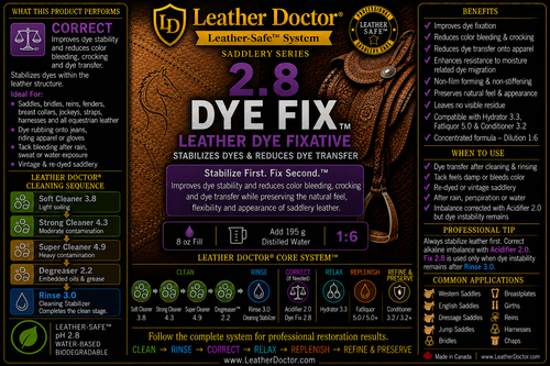 Leather Doctor® Saddlery Aniline Fix 2.6 (Fix 2.6) is a professional cationic leather dye fixative engineered to stabilize loose dyestuff after leather dyeing or color restoration. By strengthening the attraction between the leather fibers and the remaining unstable dye, Fix 2.6 improves color fastness while reducing dry crocking and wet dye bleeding.