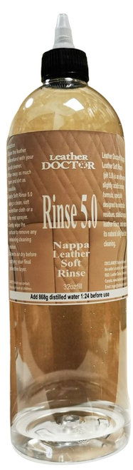 Leather Doctor® Auto Leather Rinse 5.0 is a professionally formulated, mildly acidic rinse developed for modern finished automotive leather and smooth synthetic interior surfaces.