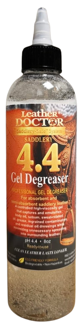 Leather Doctor® Saddlery Leather Gel Degreaser 4.4 is a high-viscosity precision degreaser developed for absorbent and semi-absorbent saddlery leather.