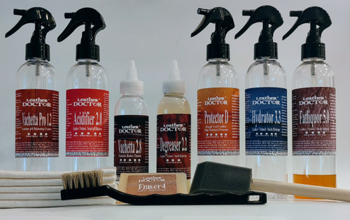 Vachetta Leather Dark Grease Stain Remover Kit V4 by Leather Doctor is a cleaner and conditioner to restore oil, grease, and sweat-darkening stains on Vachetta. (Concentrate in the bottle has to be mixed and filled with distilled water before use).