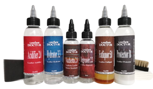 Vachetta Leather Dark Grease Stain Remover Kit V4 by Leather Doctor is a cleaner and conditioner to restore oil, grease, and sweat-darkening stains on Vachetta. (Concentrate in the bottle has to be mixed and filled with distilled water before use).