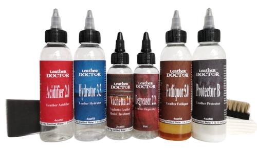 Vachetta Leather Dark Grease Stain Remover Kit V4 by Leather Doctor is a cleaner and conditioner to restore oil, grease, and sweat-darkening stains on Vachetta. (Concentrate in the bottle has to be mixed and filled with distilled water before use).
