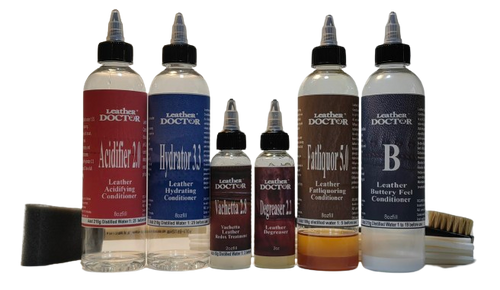 Vachetta Leather Dark Grease Stain Remover Kit V4 by Leather Doctor is a cleaner and conditioner to restore oil, grease, and sweat-darkening stains on Vachetta. (Concentrate in the bottle has to be mixed and filled with distilled water before use).