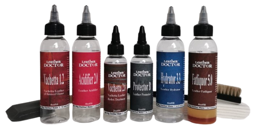 Vachetta Leather Browning Remover & Care Kit V3 by Leather Doctor cleans, rinses, pH balances, hydrates, softens, removes browning, & protects veg tan leathers. Mix with distilled water before use. Vachetta Leather Browning Remover & Care Kit V3 by Leather Doctor cleans, rinses, pH balances, hydrates, softens, removes browning, & protects veg tan leathers. Mix with distilled water before use.