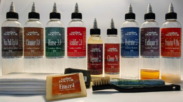 Aniline Wax Pull Up Leather Topcoat Refinishing Kit AW6.tc by Leather Doctor is a leather gloss topcoat refinishing system for Restoration Hardware leather. The Concentrate in bottles has to be mixed and filled with distilled water before use.