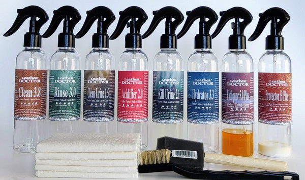 Auto Leather Urine Odor Killer Kit L5.uk by Leather Doctor is a specialty leather-safe system to decontaminate urine odor problems on auto leathers. (Concentrate in the bottles has to be mixed and filled with distilled water before use).