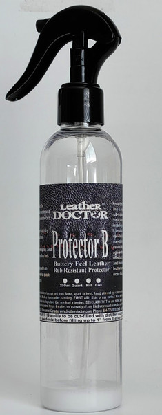 Leather Protector B by Leather Doctor is a non-stick, rub-resistant conditioner that cuts friction noise and imparts a soft buttery feel on smooth leather. Mix with distilled water before use.