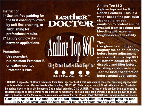 Aniline Top 86G by Leather Doctor is a gloss topcoat for refinishing King Ranch leather to protect its natural tanning color.  (Aniline Top 86G Description and Instruction).