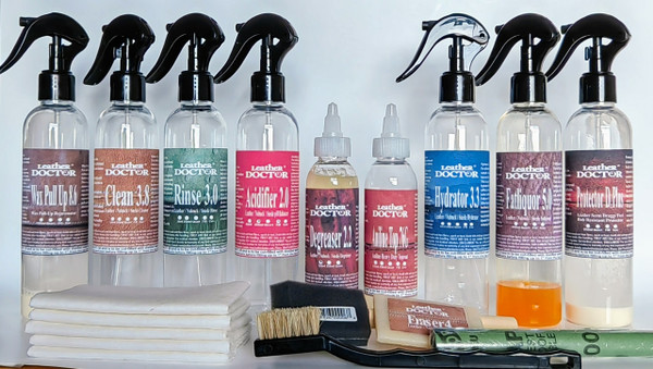 Restoration Hardware Wax Pull Up Leather Topcoat Refinishing Kit RW6.tc by Leather Doctor is a gloss topcoat refinishing system for Pull-Up leathers.  Before use, the concentrate has to be filled with distilled water.