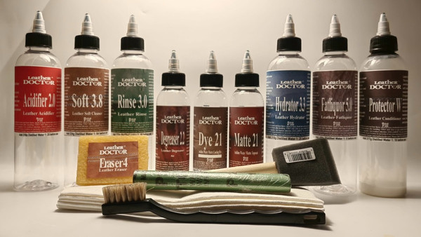 Aniline Leather Waxy Matte Dyeing Kit AM7.cl by Leather Doctor strips, degrease, clean, rinse, condition, stain dye, primer coat, coat dye, top coat, and protect.