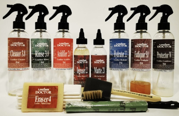 Aniline Waxy Matte Leather Topcoat Refinishing Kit AM3.tc by Leather Doctor degrease, acidify, clean, rinse, hydrate, fatliquor, topcoat, and condition waxy matte leather.