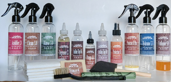 King Ranch Leather Topcoat Refinishing Kit K7.tc by Leather Doctor is for periodic topcoat maintenance to bring up appearance to a higher level of acceptance. (Concentrates in the bottle have to be mixed and filled with distilled water before use).