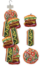 Clip Strip of Scoochzilla Dog Toys 9 Per Clip Strip, Pizza, Hot Dog and Burger