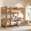 Two children reading on the Vipack Forrest solid oak rustic bunk bed in a cosy natural oak kids bedroom