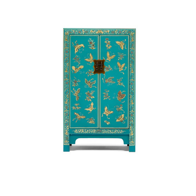 Oriental Chinese Lacquer Butterflies Cabinet Teal Blue