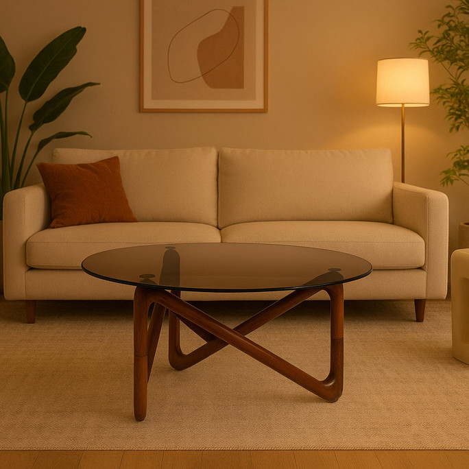 Walnut Round Coffee Table Retro Smoke Glass top Naia