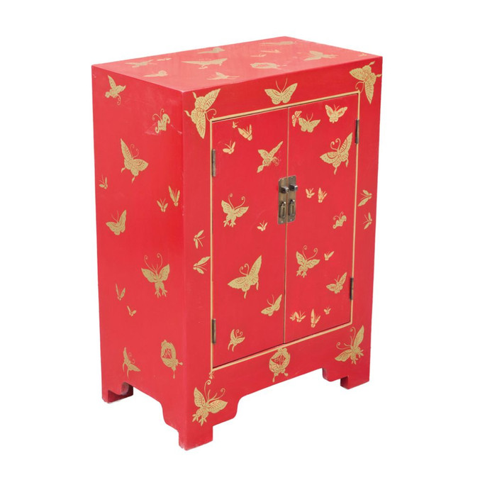 Oriental Red Lacquer Cabinet with Golden Butterflies