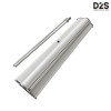 Aluminum components of D2S retractable banner stand frame including telescopic pole and silver base hardware system disassembled