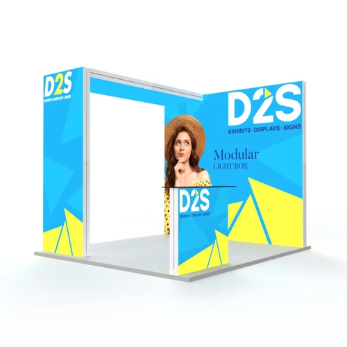 10ft x 10ft SEG light box booth with illuminated archway and counter