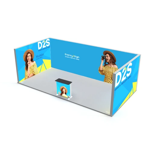 10ft x 20ft U-shape SEG light box booth with three backlit walls and counter