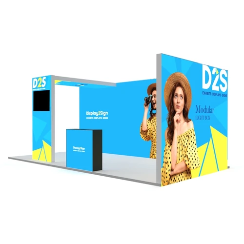 10ft x 20ft L-shape SEG light box booth with illuminated arch and counter