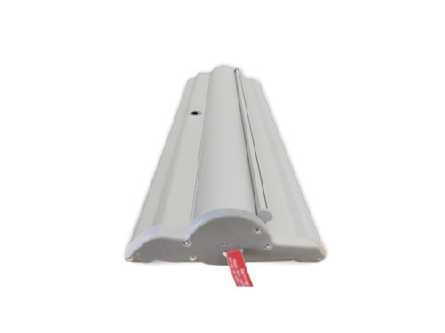 Top view of the sturdy and elegant aluminum base of a premium roll up banner stand against a white background.
