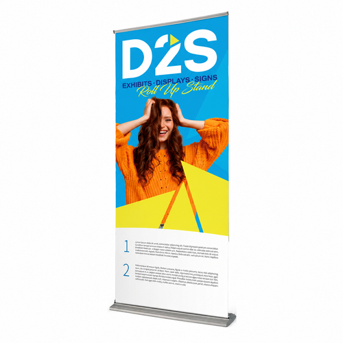 Premium roll up banner stand featured full-color promotional graphics and a stable base.