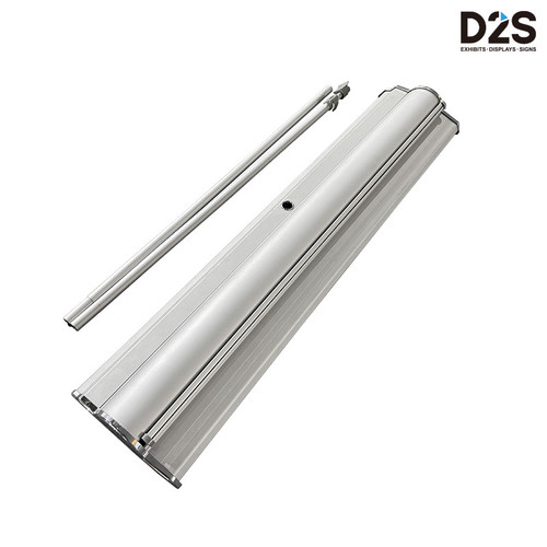 Aluminum components of D2S retractable banner stand frame including telescopic pole and silver base hardware system disassembled