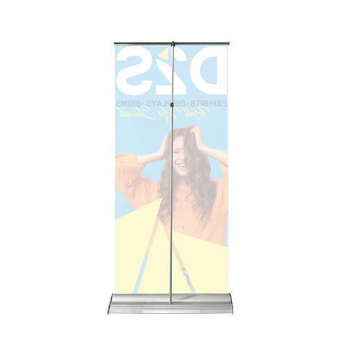 Double sided retractable banner stand display with premium aluminum base and wide graphic presentation