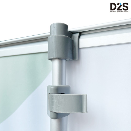 Retractable banner stand top clamp bar and support pole connection detail for secure graphic installation