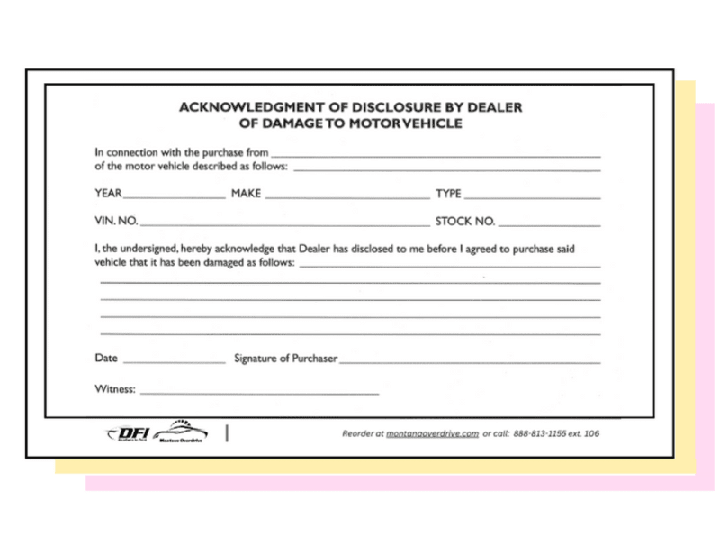 Acknowledgement of Damage Disclosure by Dealer (100 qty)
