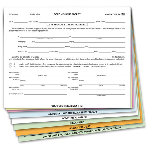 8-Part "Sold Vehicle" Combination Form (SV-8) - QTY. 100