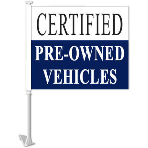 Window Clip-On Flags With Car Lot Slogans - Certified - Blue & White