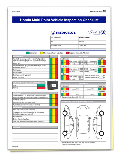 Honda Specific Multi-Point Inspection 2-Part Form: (QTY: 250)