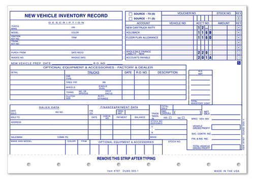 Vehicle Inventory Cards Form# DUAS 305 1