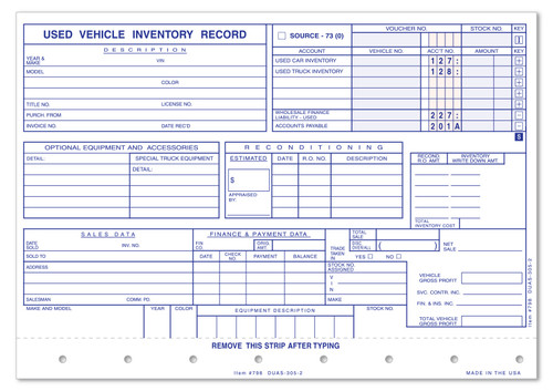 Vehicle Inventory Cards   Form# DUAS 305 2