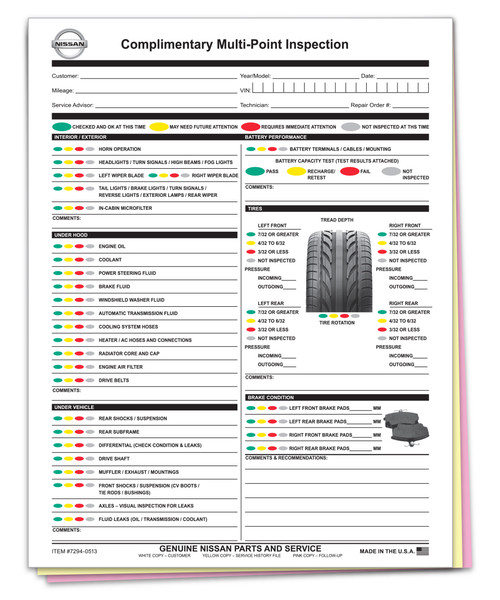 Nissan Specific Multi-Point Inspection 2 Part Form (QTY. 250)