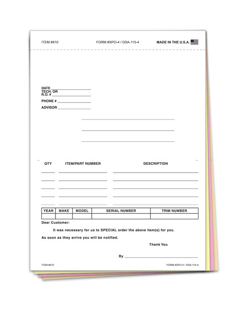 Special Parts Order Forms (Stock)   4-part   Form# SPO-4